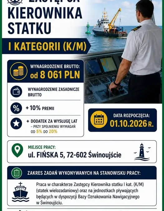 Urząd Morski w Szczecinie zatrudni zastępcę kierownika statku I kategorii