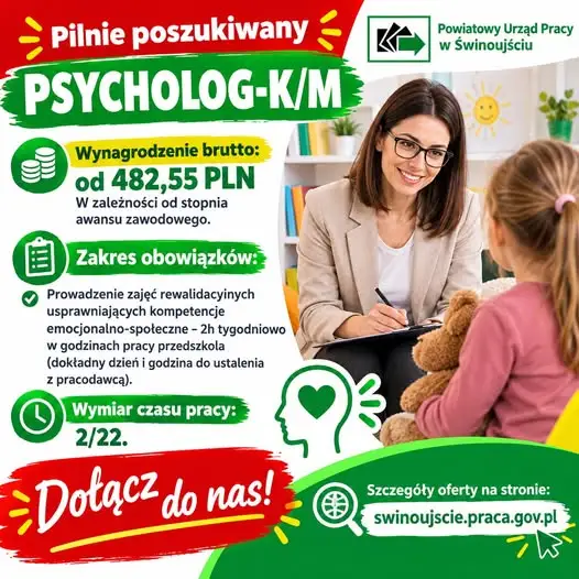 Przedszkole Miejskie nr 11 w Świnoujściu szuka psychologa