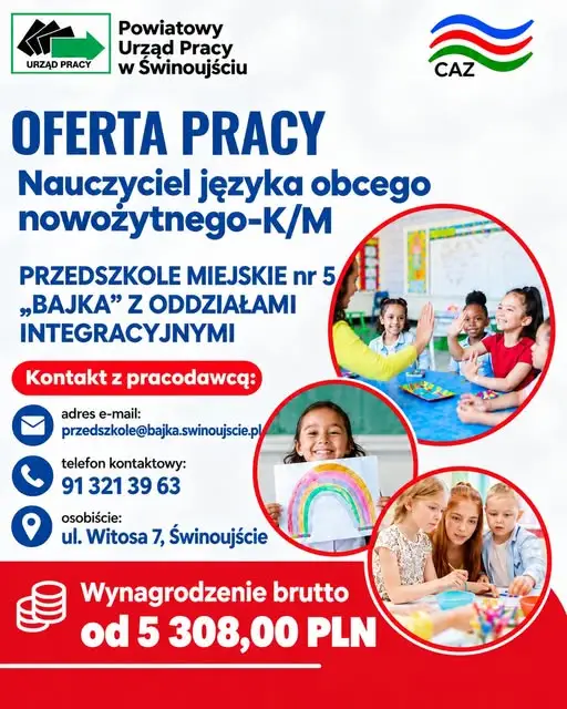 Przedszkole Miejskie nr 5 „Bajka” w Świnoujściu szuka nauczyciela języka obcego