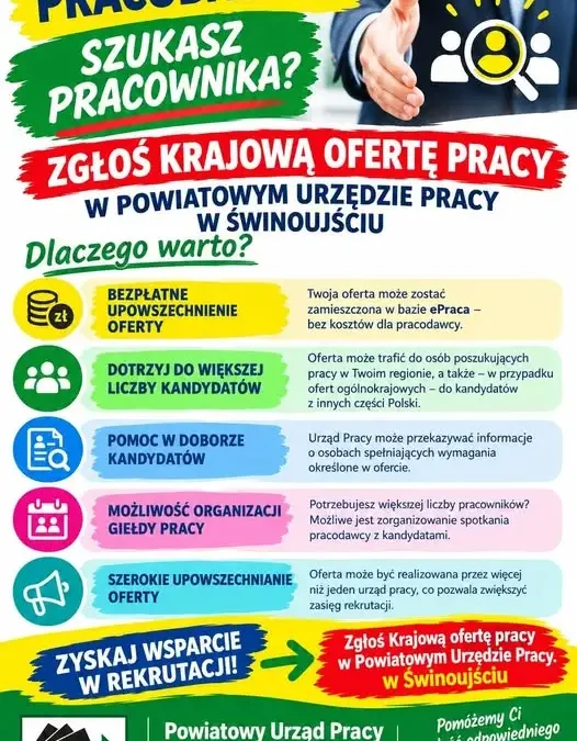 PUP Świnoujście: pracodawcy mogą zgłaszać oferty pracy trzema kanałami