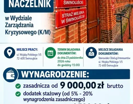 Świnoujście szuka naczelnika Wydziału Zarządzania Kryzysowego. Wynagrodzenie od 9 tys. zł brutto