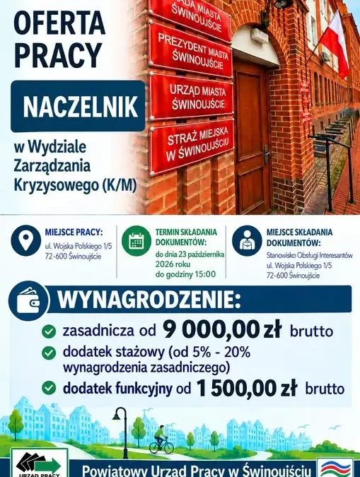 Świnoujście szuka naczelnika Wydziału Zarządzania Kryzysowego. Wynagrodzenie od 9 tys. zł brutto