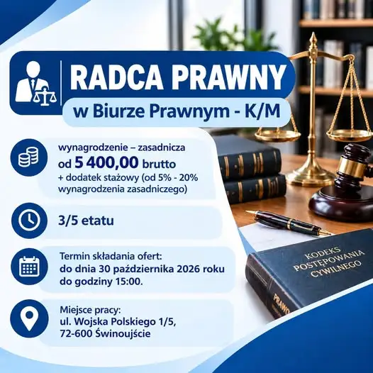 Świnoujście szuka radcy prawnego na część etatu – oferta pracy w Urzędzie Miasta